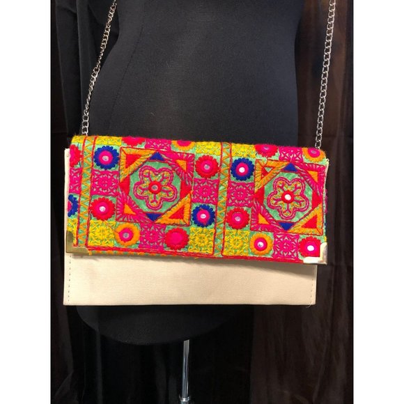 Neon Pink Yellow and Blue Embroidered Small Shoulder Pocketbook from India - Picture 3 of 6